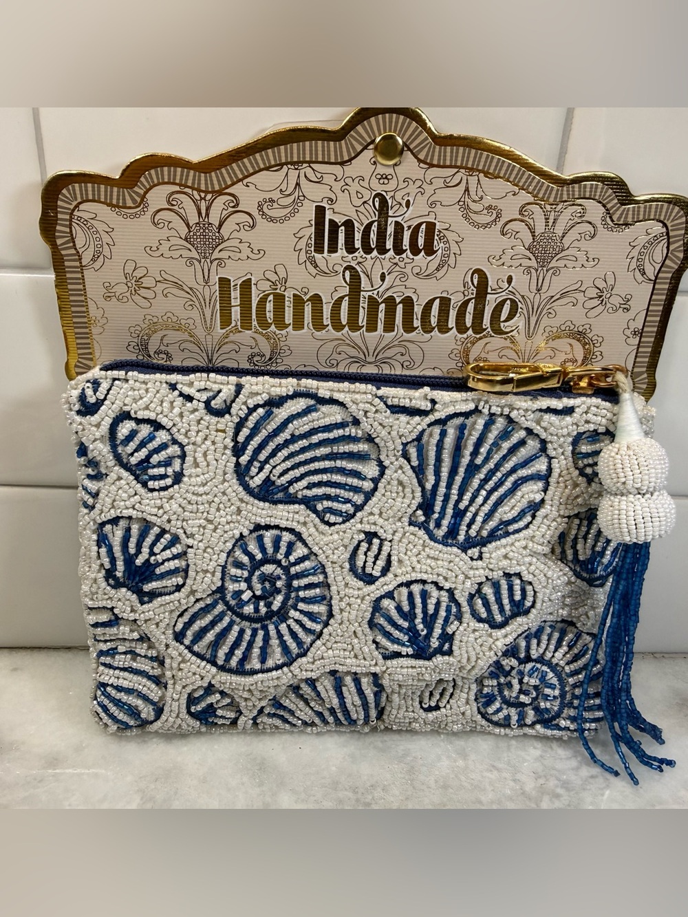 Made in India Beaded Shell Blue,White Tassel Zipper Clutch Summer Wallet NWT